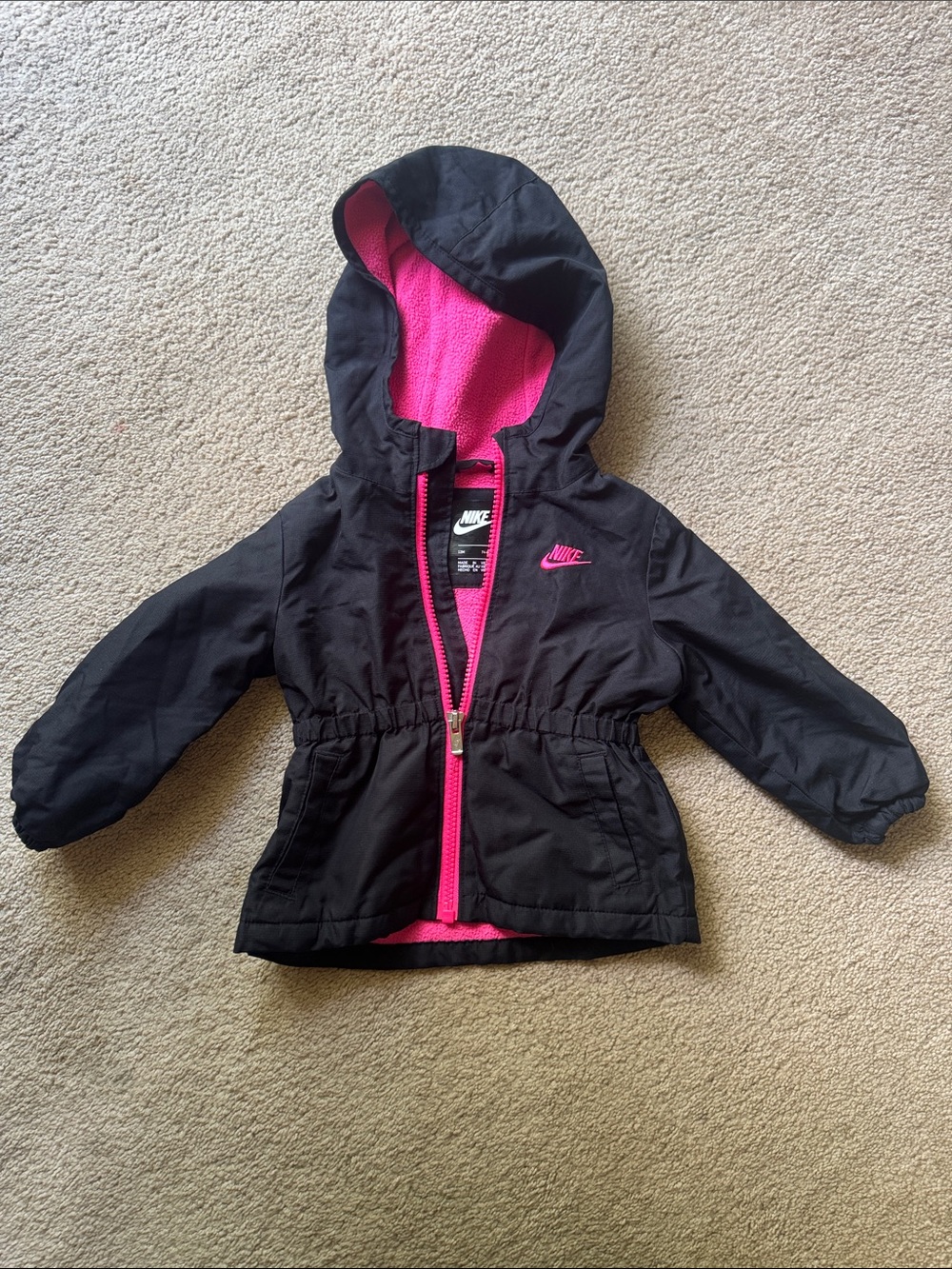 Nike Baby Girls 12M Black Hot Pink Fleece Lined Hooded Jacket Coat